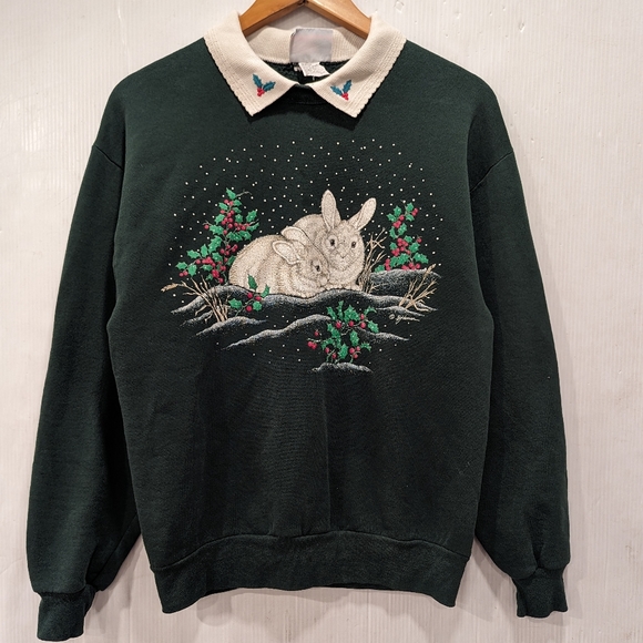VINTAGE Morning Sun bunnies & Holly holiday Christmas sweatshirt crewneck - Picture 11 of 11